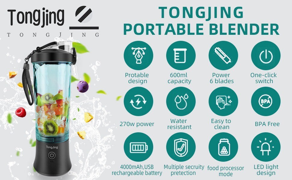 270 Watt Rechargeable Portable Blender USB-C Capable Of Crushing Ice - Tongjing