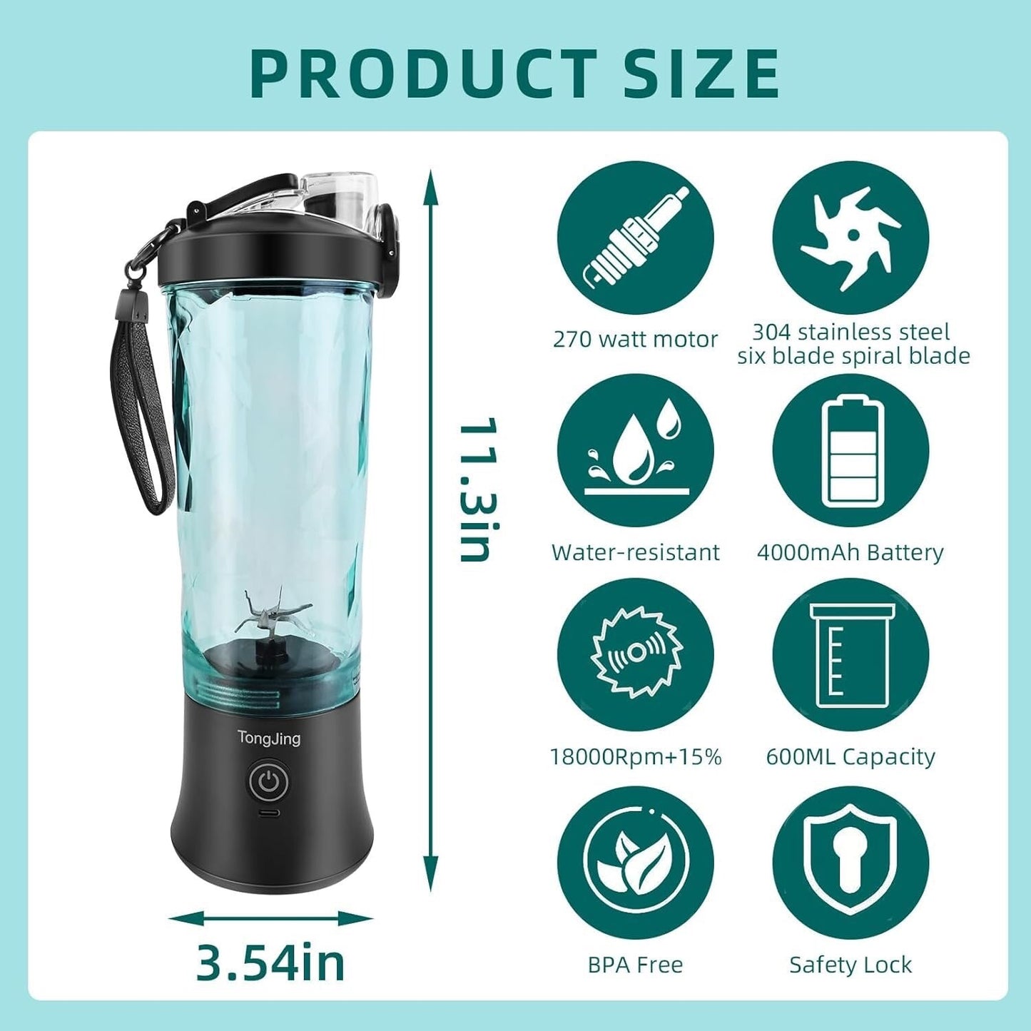 270 Watt Rechargeable Portable Blender USB-C Capable Of Crushing Ice - Tongjing