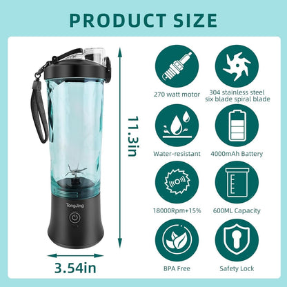 270 Watt Rechargeable Portable Blender USB-C Capable Of Crushing Ice - Tongjing