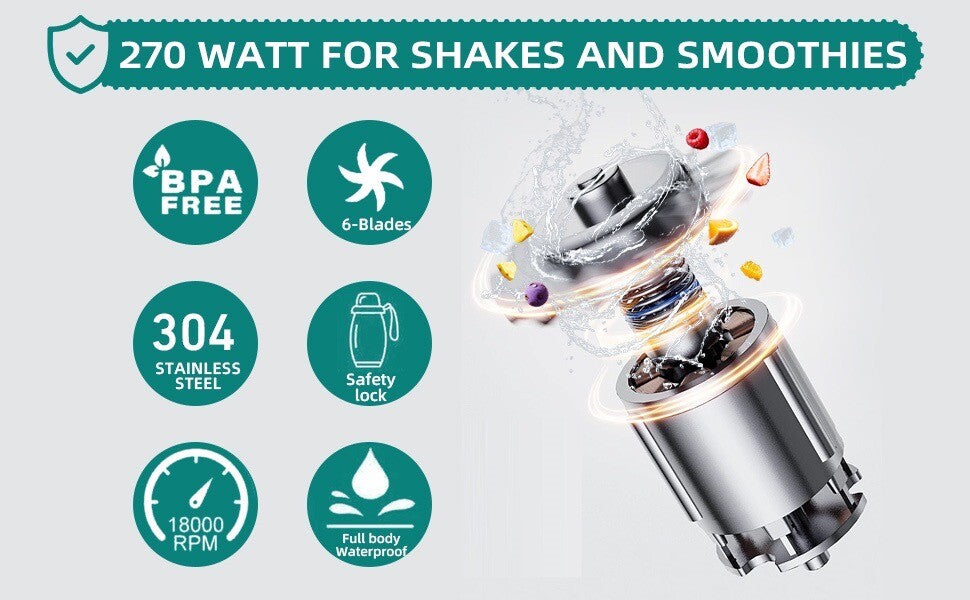 270 Watt Rechargeable Portable Blender USB-C Capable Of Crushing Ice - Tongjing