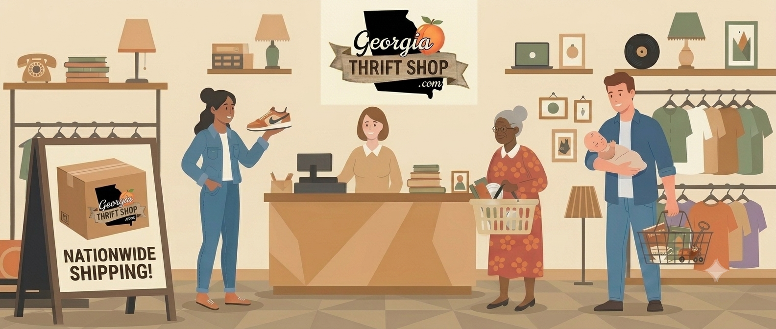 A flat vector illustration of a thrift store interior with several people shopping and interacting around clothing racks, a counter, shelves, and a sign that reads 'Georgia Thrift Shop' and 'Nationwide Shipping!'.