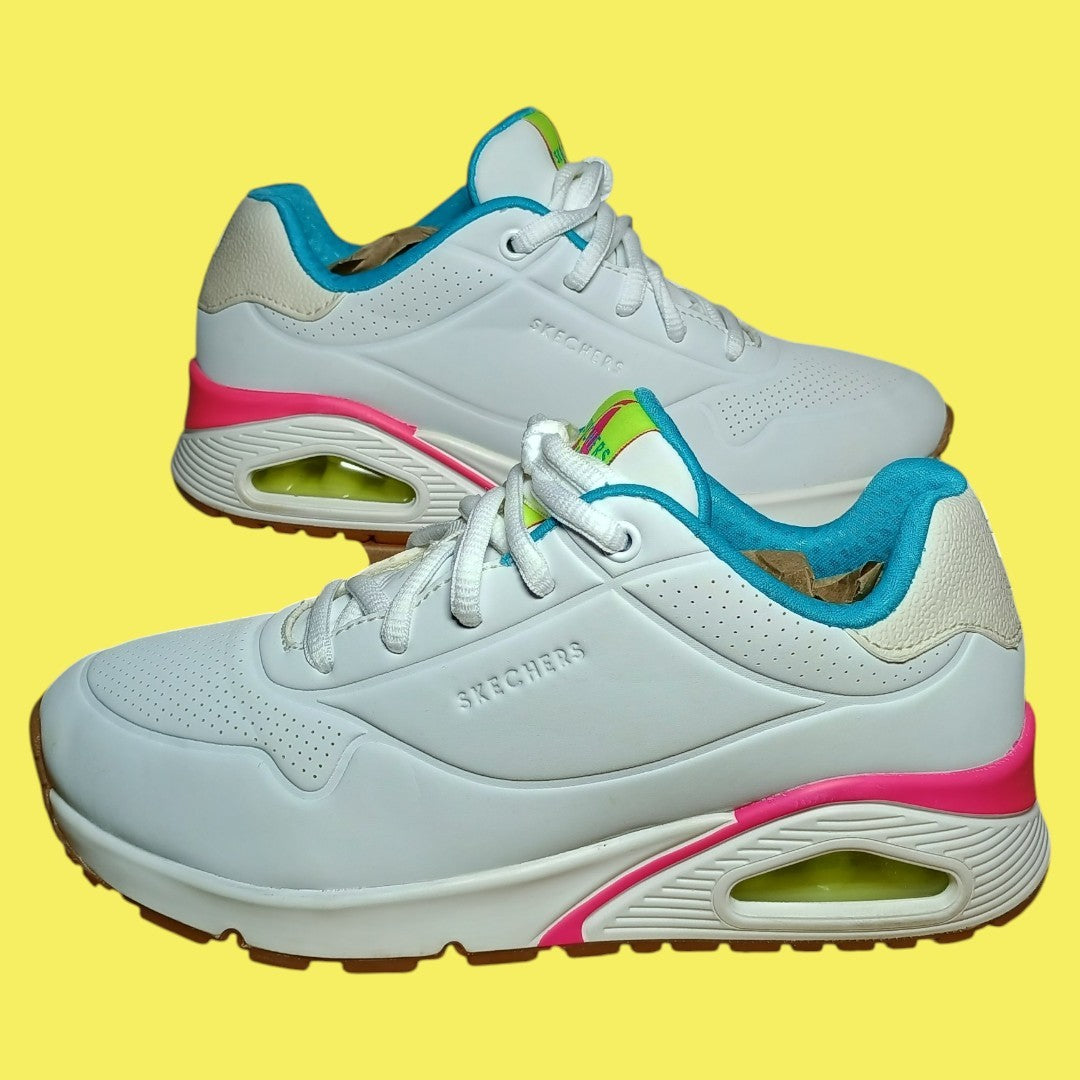 Skechers UNO “Stand On Air” Sneakers – White/Teal/Pink (Women’s 6.5)