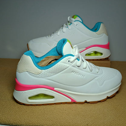 Skechers UNO “Stand On Air” Sneakers – White/Teal/Pink (Women’s 6.5)