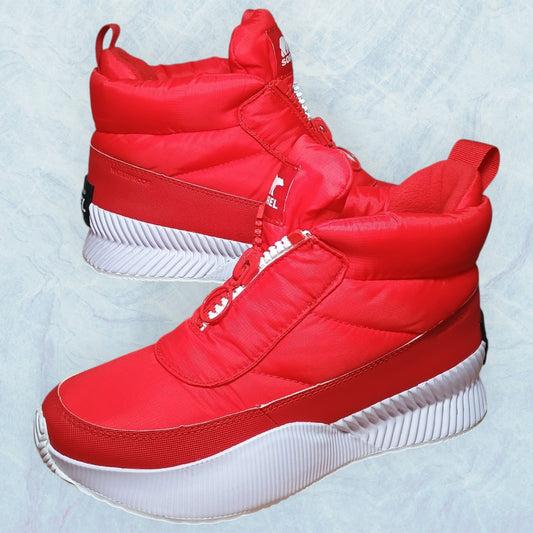 Sorel Out N About III Puffy Zip WP Boots | Womens Size 8 | Red and White | NL4439-646