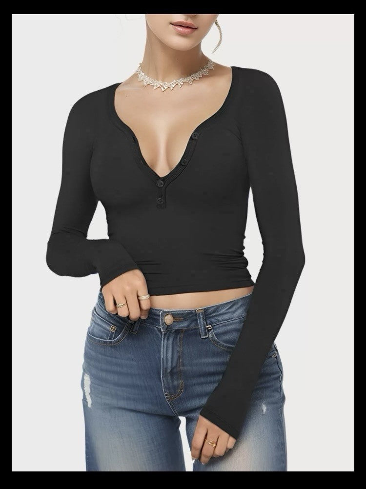 Sexy Women’s size Large Button V-neck Long Sleeve Crop Top Shirt with Functional Buttons.