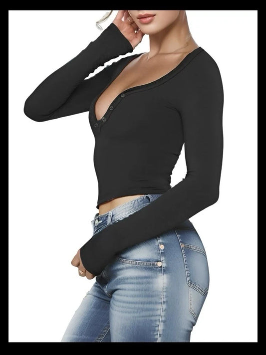 Sexy Women’s size Large Button V-neck Long Sleeve Crop Top Shirt with Functional Buttons.