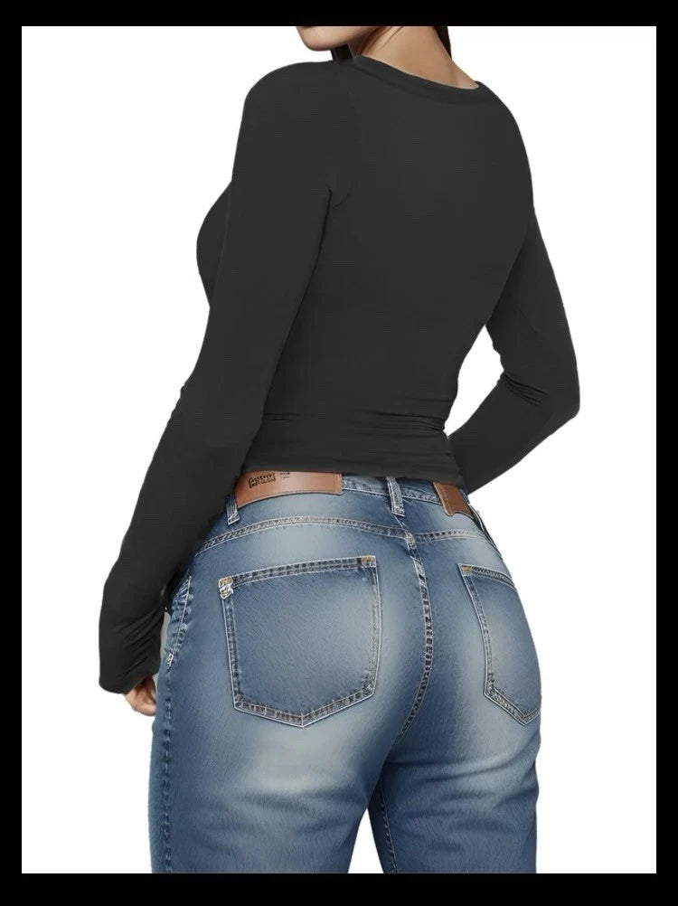 Sexy Women’s size Large Button V-neck Long Sleeve Crop Top Shirt with Functional Buttons.