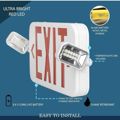 Emergency Exit Sign | Hardwired Battery Backup Adjustable LED Lights | White Red