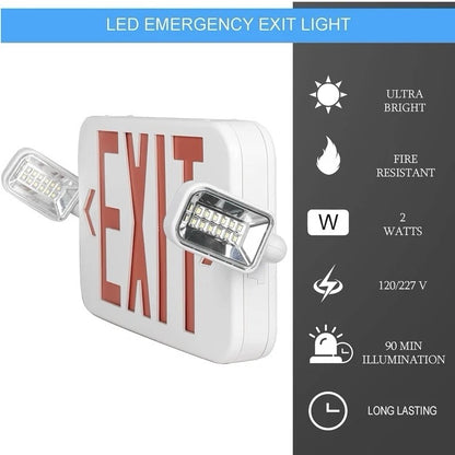 Emergency Exit Sign | Hardwired Battery Backup Adjustable LED Lights | White Red