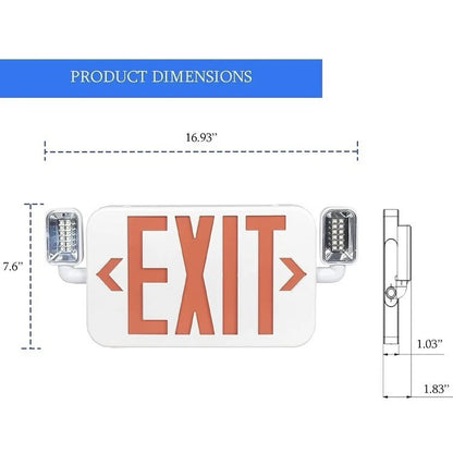 Emergency Exit Sign | Hardwired Battery Backup Adjustable LED Lights | White Red
