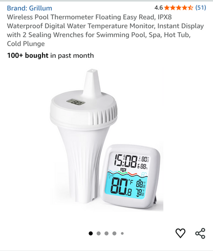 Grillum Wireless Floating Pool Thermometer IPX8 Waterproof Digital Monitor New Open Box