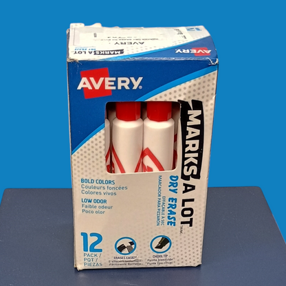 Avery Marks A Lot Red Dry Erase Markers – 12 Count Chisel Tip – New (Open Box)