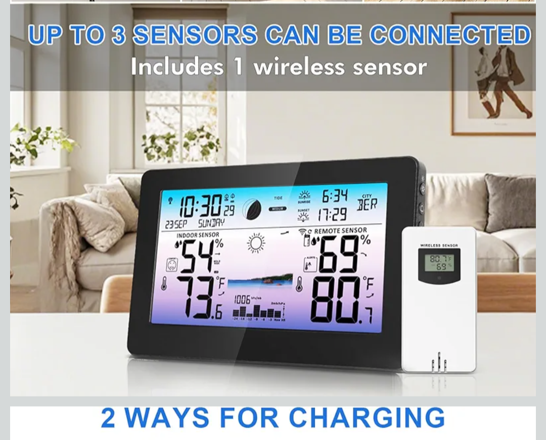 Zivron Wireless Indoor Outdoor Weather Station – 7.5" HD Display & Remote Sensor (New Open Box)
