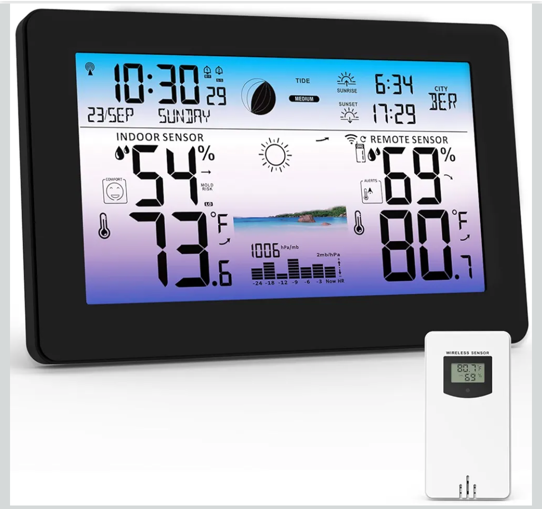 Zivron Wireless Indoor Outdoor Weather Station – 7.5" HD Display & Remote Sensor (New Open Box)